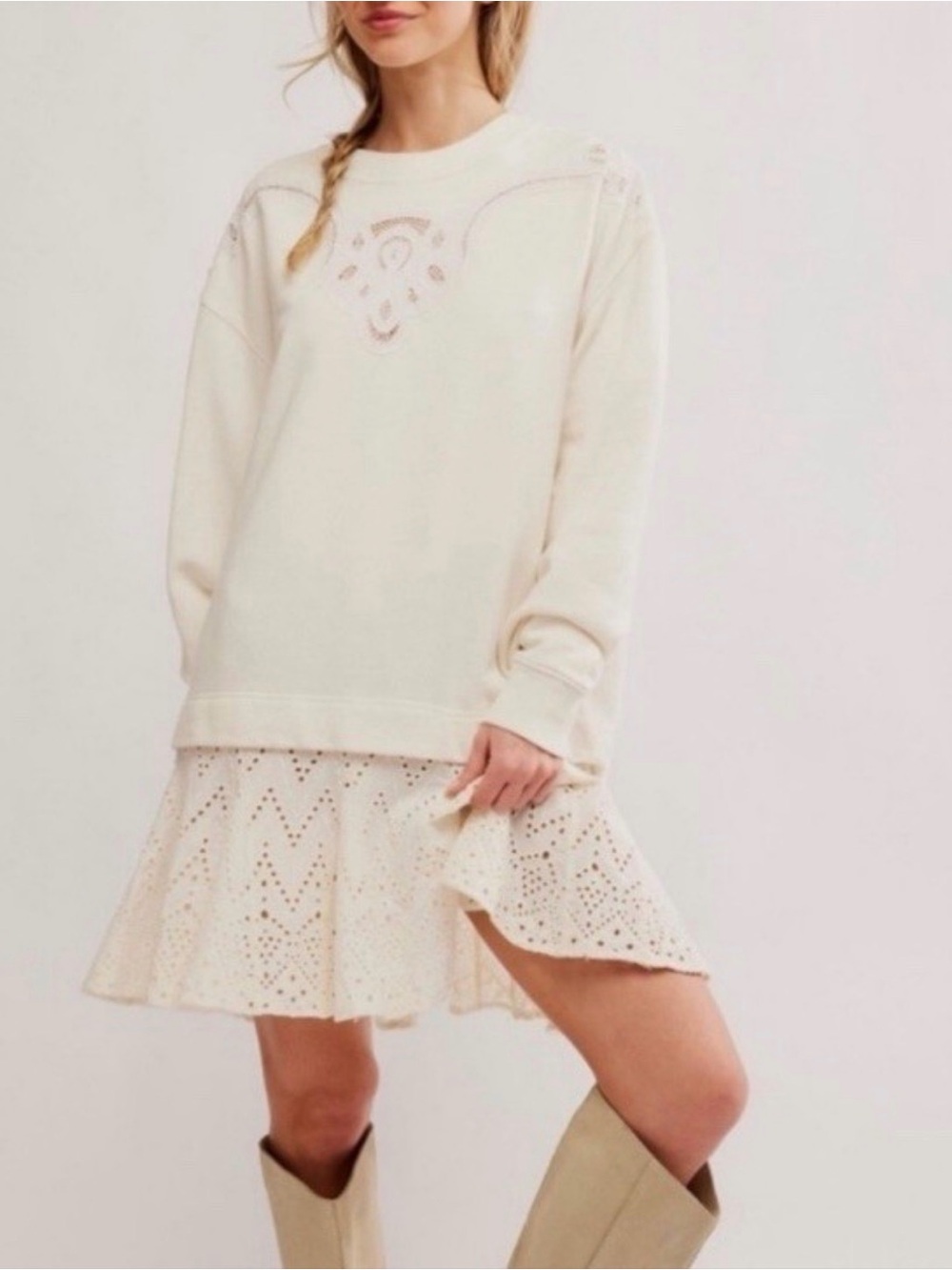 Free People Prairie Sweatshirt Tunic Dress Eyelet Lace Swing Hem Ivory Sz Small